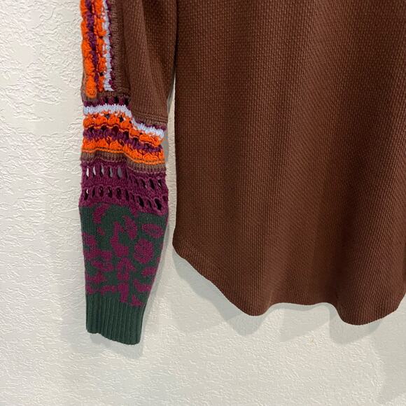 Free People Switch It Up Cuff Knit Thermal Top Cocoa Brown Boho Medium Mock Neck - Picture 4 of 7